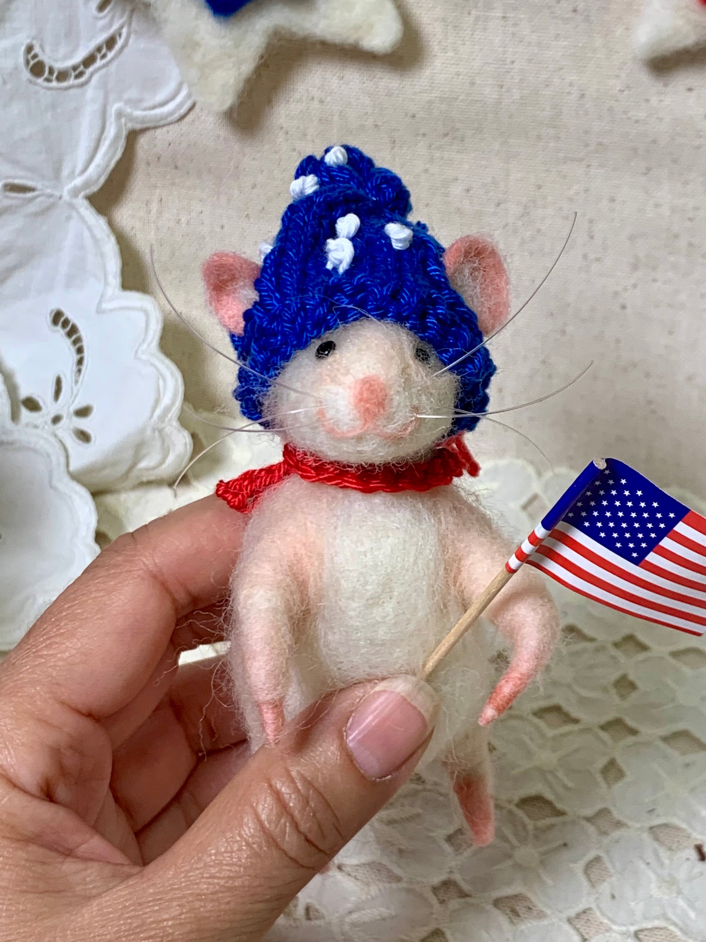 Needle Felted Patriotic Mouse – Handmade Wool Mouse in Red, White & Blue – Fourth of July Decor, Americana Figurine, Mouse Art Doll