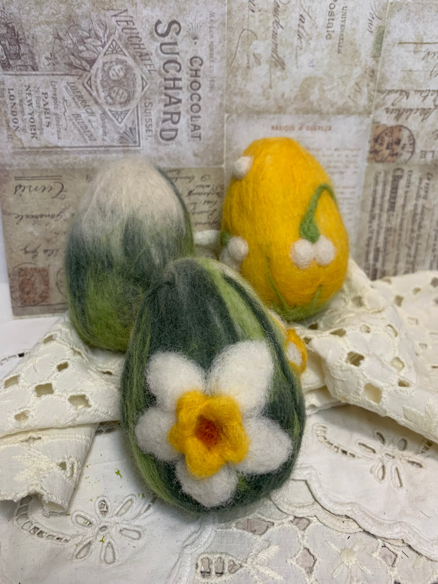 Handmade Wool Felt Yellow and Blue Floral Design Eggs for Easter | Felt Easter Ornaments | Easter Egg Hunt | Easter Decorations