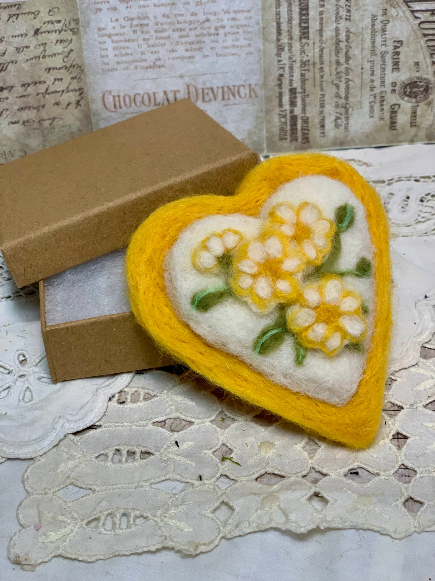 Needle-Felted Heart with Embroidered Daisy Flowers– Handmade Wool Valentine Decor
