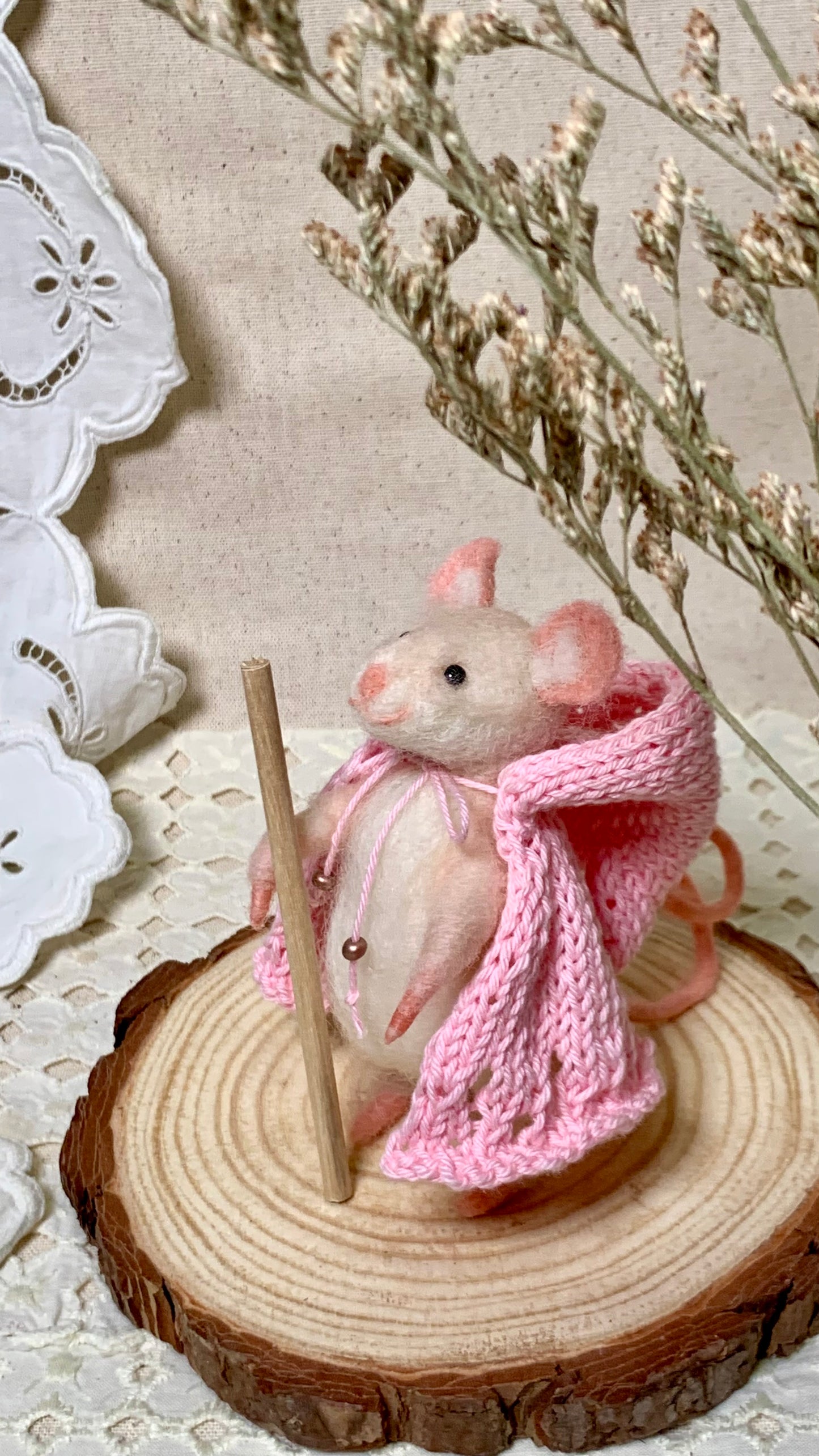 Rose the Mouse – Needle Felted Wool Wanderer with Cloak & Walking Stick | Handmade Collectible Art Doll