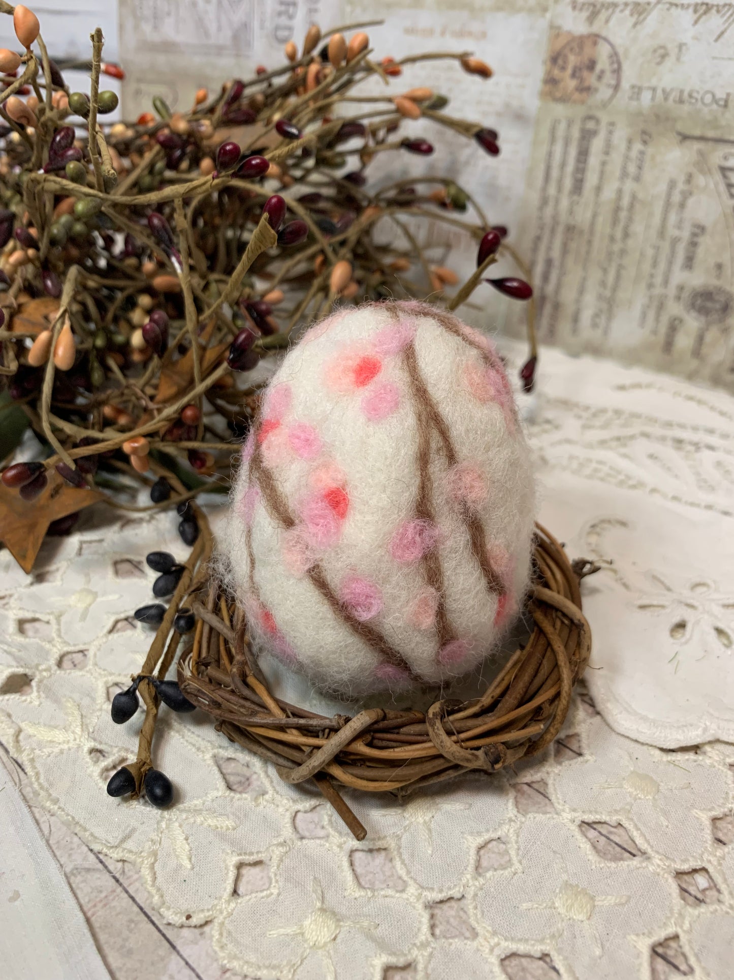 Handmade Wool Felt Cherry Blossom Floral Design Eggs for Easter | Felt Easter Ornaments | Easter Egg Hunt | Easter Decorations