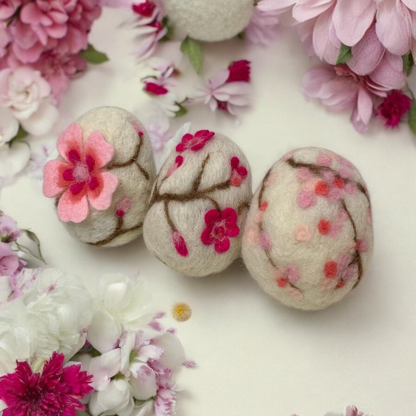 Handmade Wool Felt Cherry Blossom Floral Design Eggs for Easter | Felt Easter Ornaments | Easter Egg Hunt | Easter Decorations