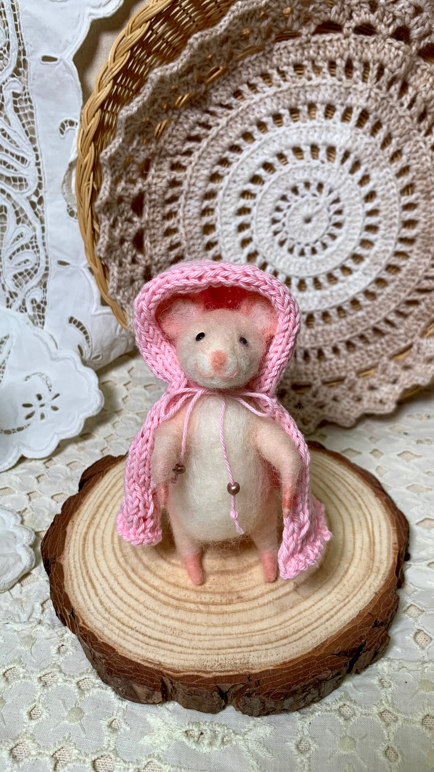 Rose the Mouse – Needle Felted Wool Wanderer with Cloak & Walking Stick | Handmade Collectible Art Doll