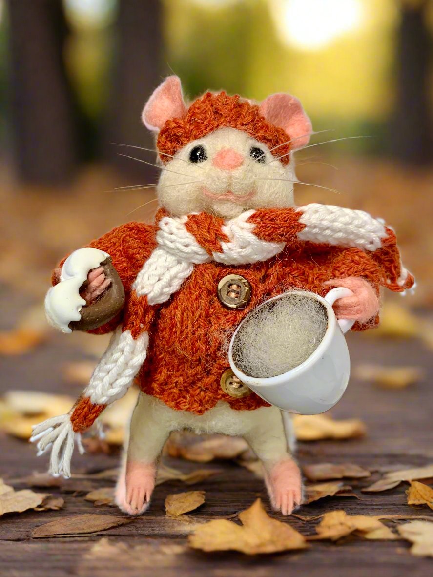 Needle-Felted Coffee Mouse – Handmade White Mouse Art Doll | Filo Nibbleton