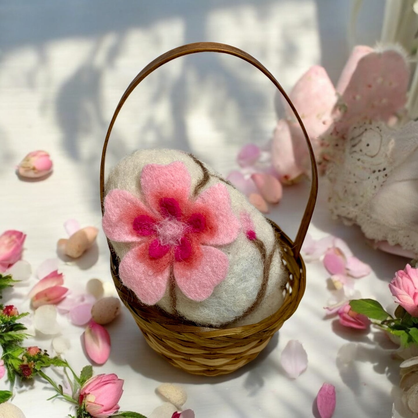 Handmade Wool Felt Cherry Blossom Floral Design Eggs for Easter | Felt Easter Ornaments | Easter Egg Hunt | Easter Decorations