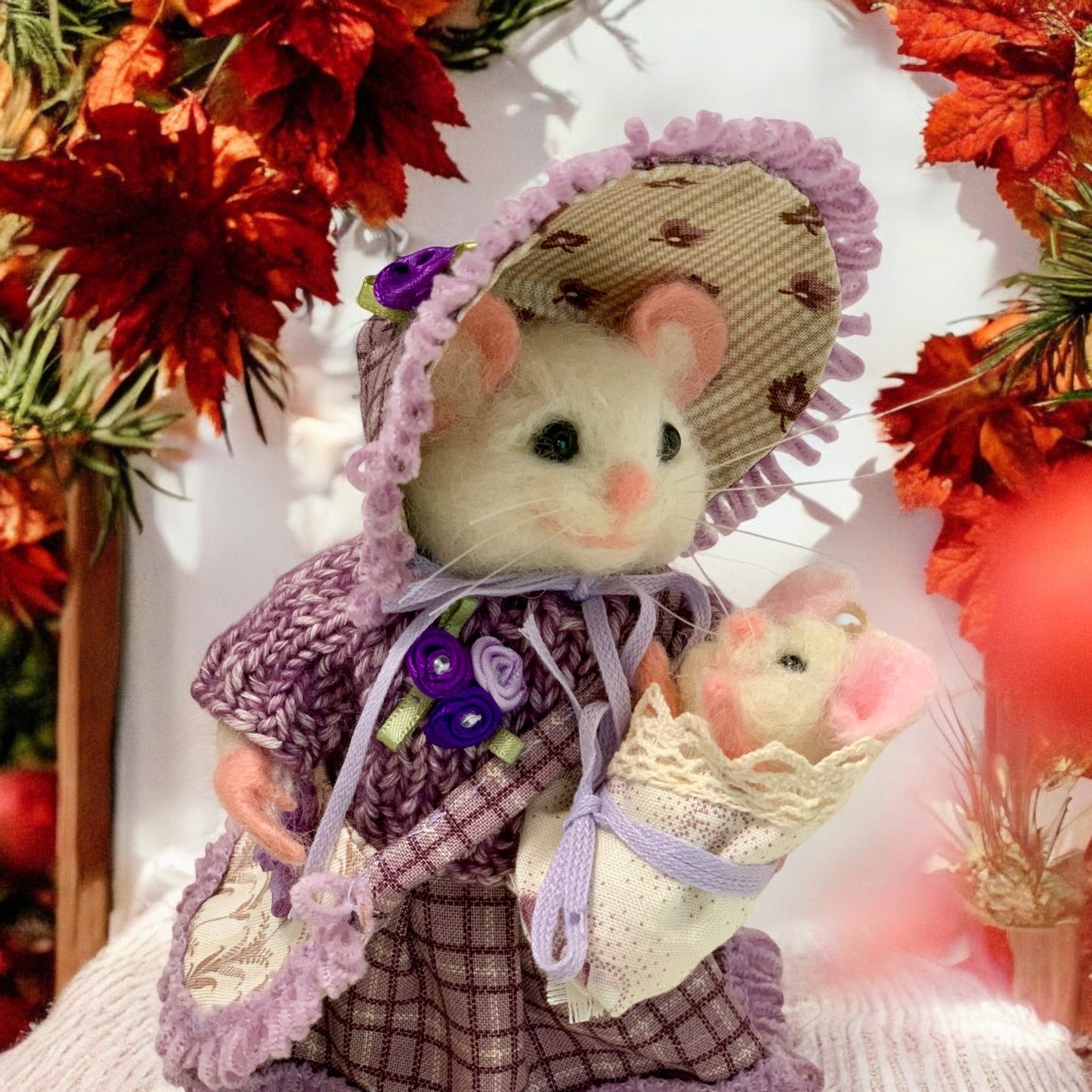 Victorian Lady Mouse with Baby – Handmade Needle-Felted Collectible Art Doll