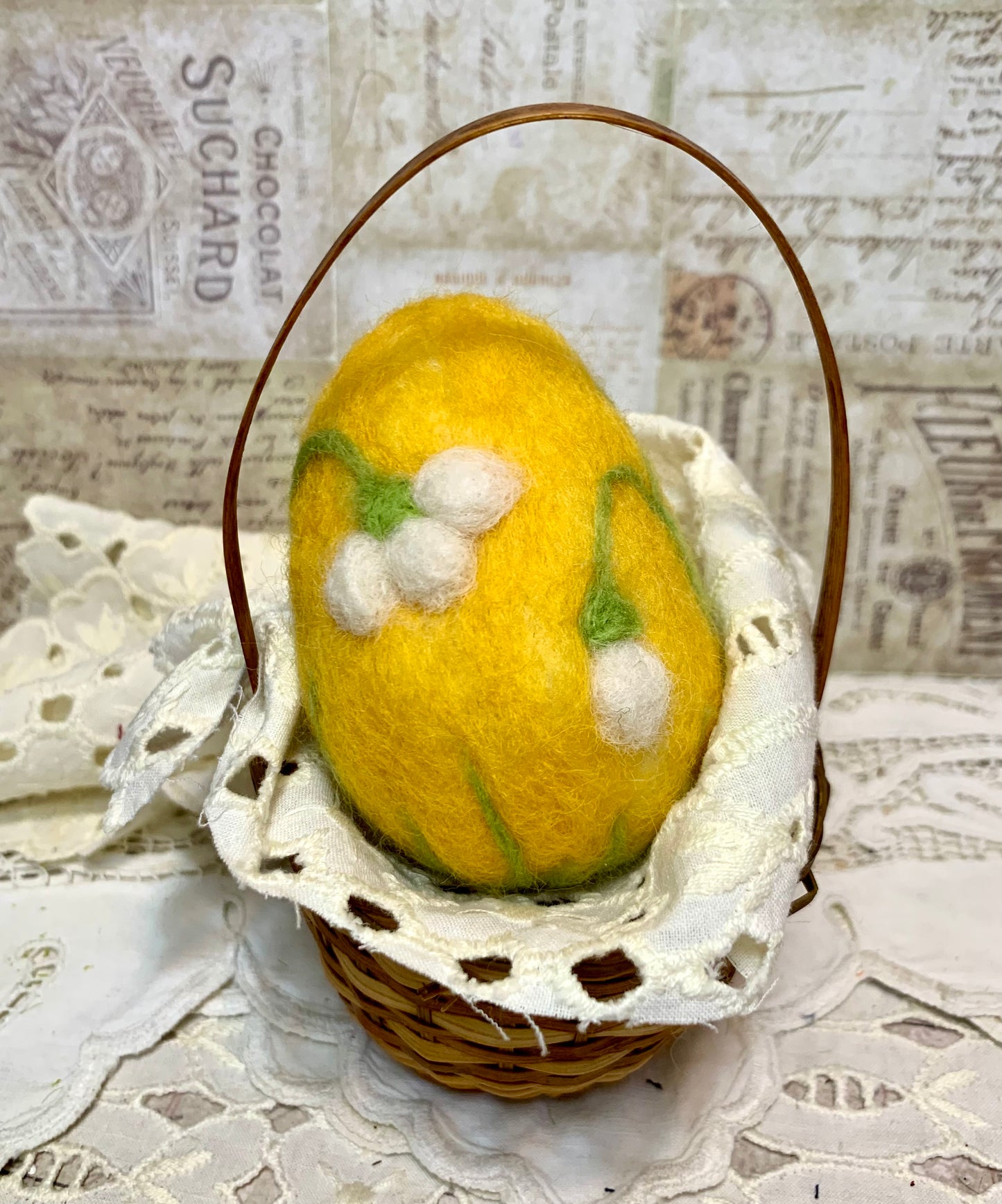 Handmade Wool Felt Yellow and Blue Floral Design Eggs for Easter | Felt Easter Ornaments | Easter Egg Hunt | Easter Decorations