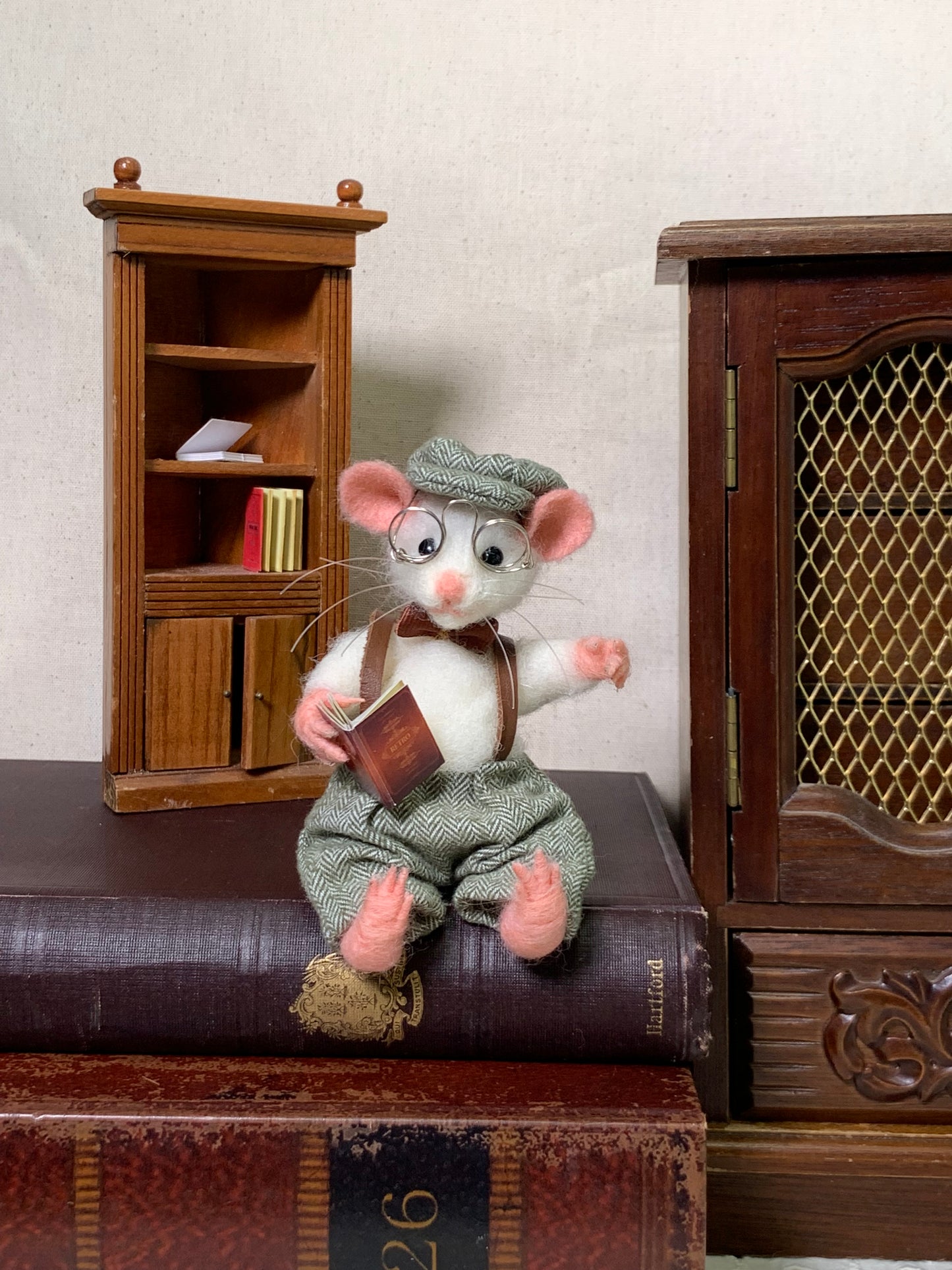 Librarian Mouse – Needle Felted Mouse – Handmade Wool Art Doll, Whimsical Collectible, Vintage Librarian Decor, Gift for Book Lovers