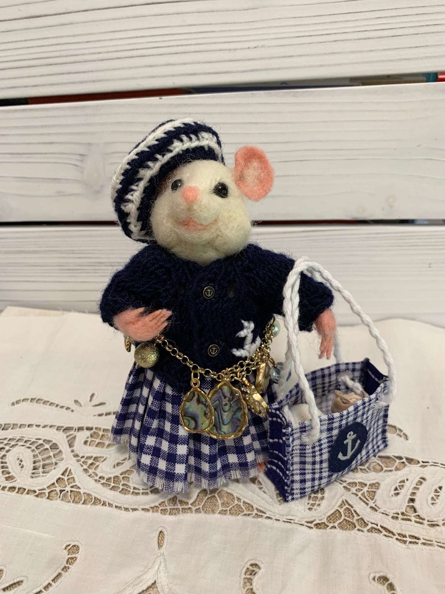 Needle-Felted Beach Mouse – Handmade White Mouse Art Doll | Lulu the Seaside Explorer