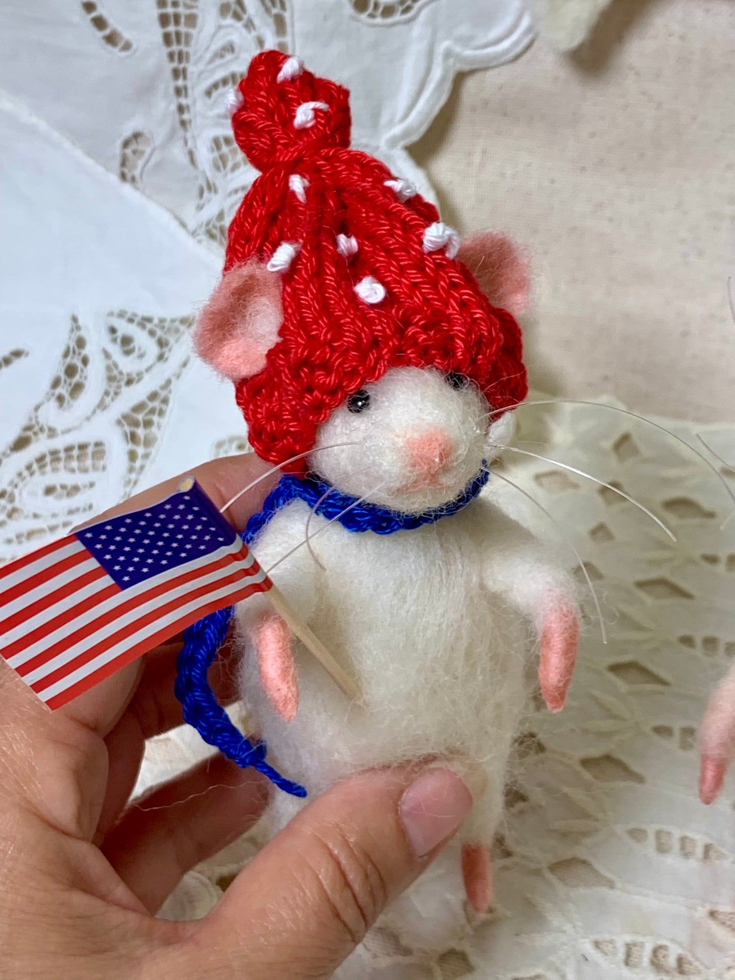 Needle Felted Patriotic Mouse – Handmade Wool Mouse in Red, White & Blue – Fourth of July Decor, Americana Figurine, Mouse Art Doll