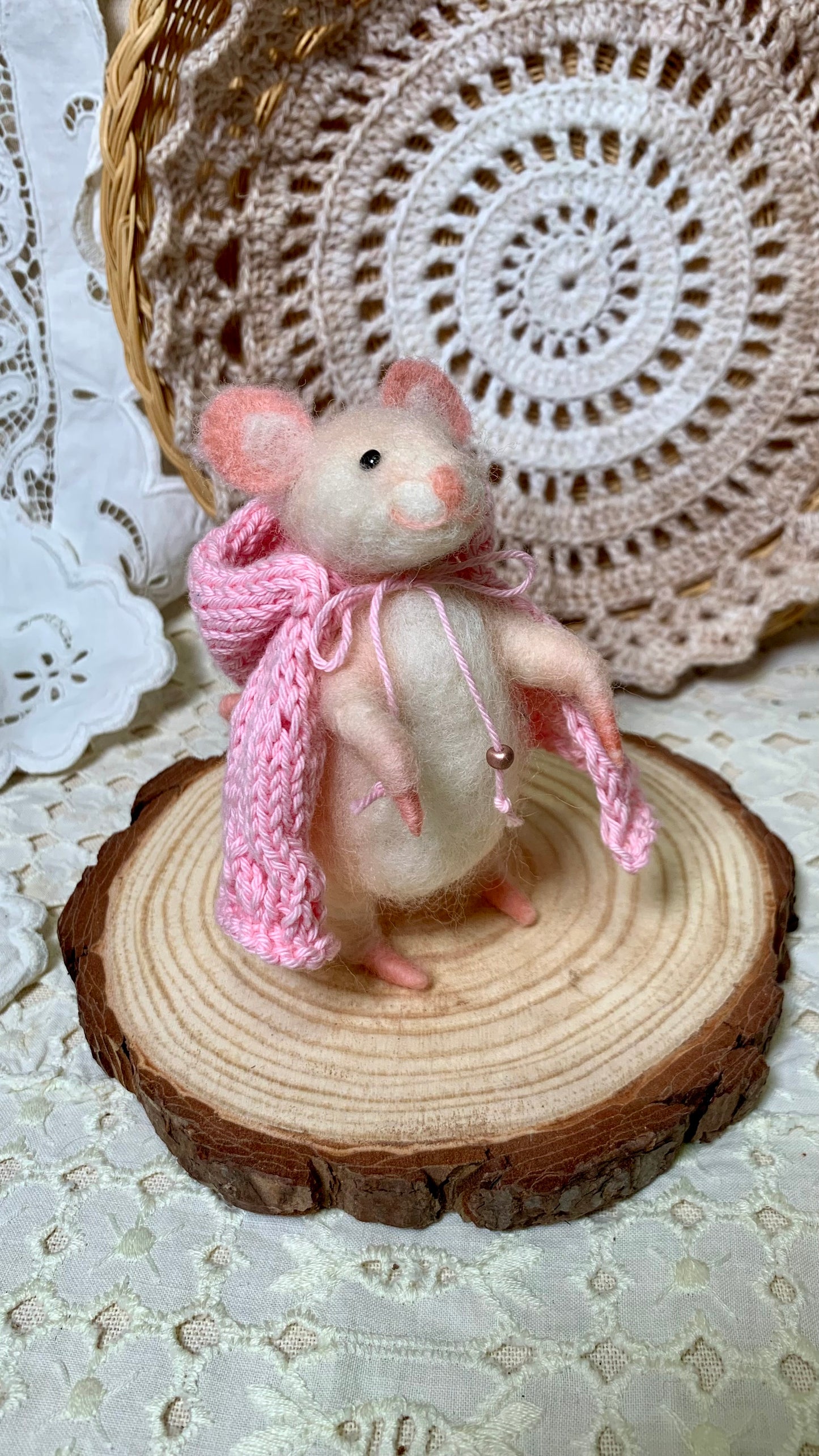 Rose the Mouse – Needle Felted Wool Wanderer with Cloak & Walking Stick | Handmade Collectible Art Doll