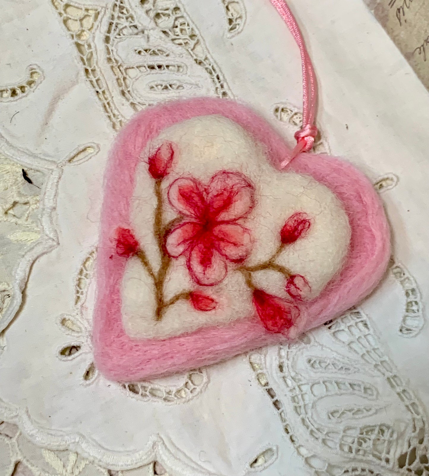 Needle-Felted Heart with Embroidered Cherry Blossom Flowers– Handmade Wool Valentine Decor