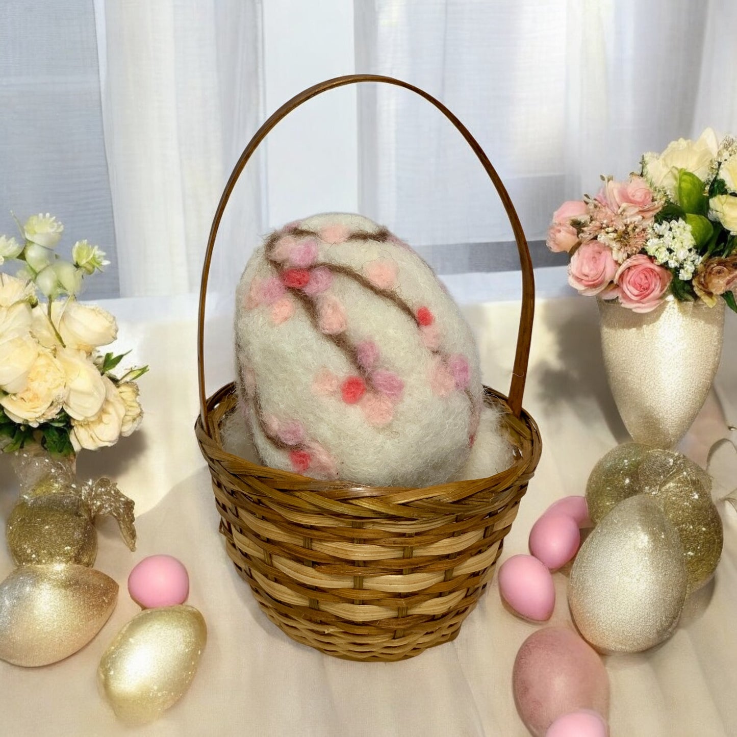 Handmade Wool Felt Cherry Blossom Floral Design Eggs for Easter | Felt Easter Ornaments | Easter Egg Hunt | Easter Decorations