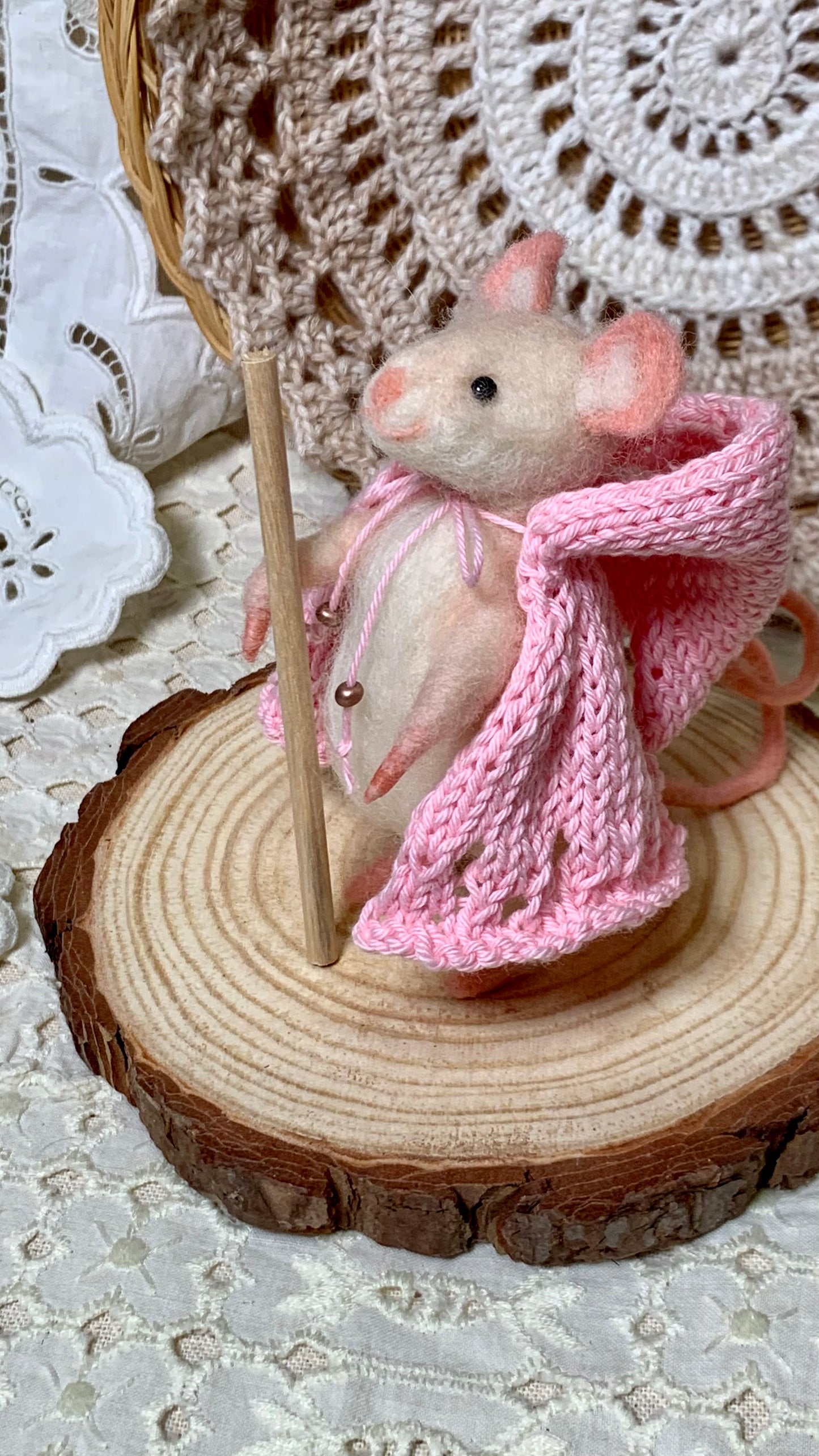 Rose the Mouse – Needle Felted Wool Wanderer with Cloak & Walking Stick | Handmade Collectible Art Doll