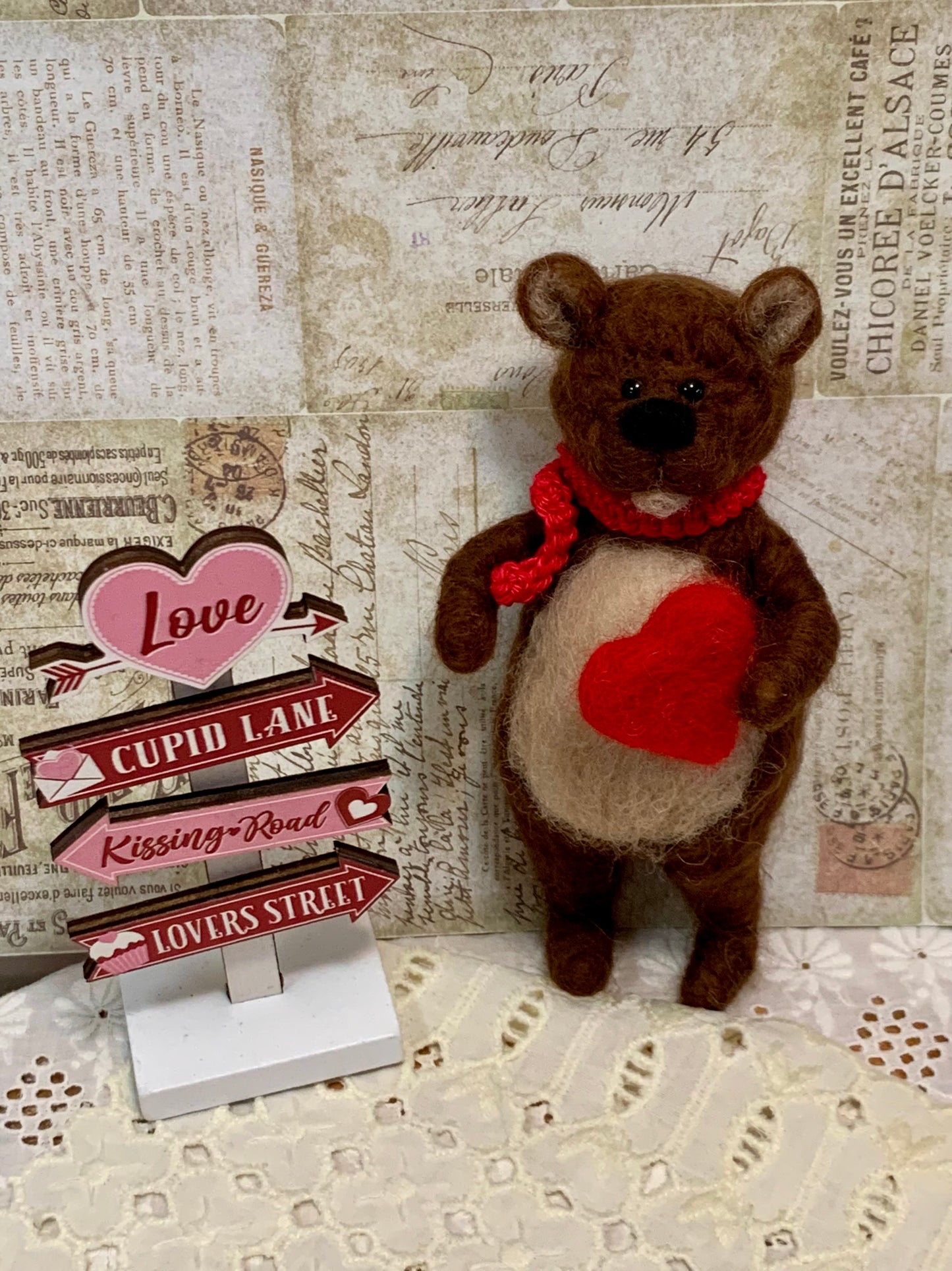 Needle Felted Bear: Handmade Wool Teddy with Heart Scarf