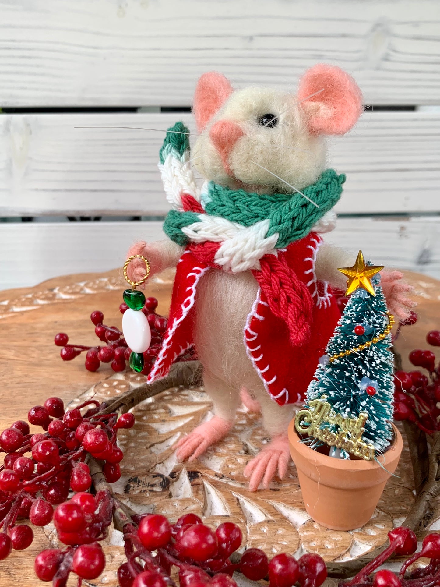Needle-Felted Sebastian the Christmas Mouse – Handmade Natural Fiber Holiday Art Doll
