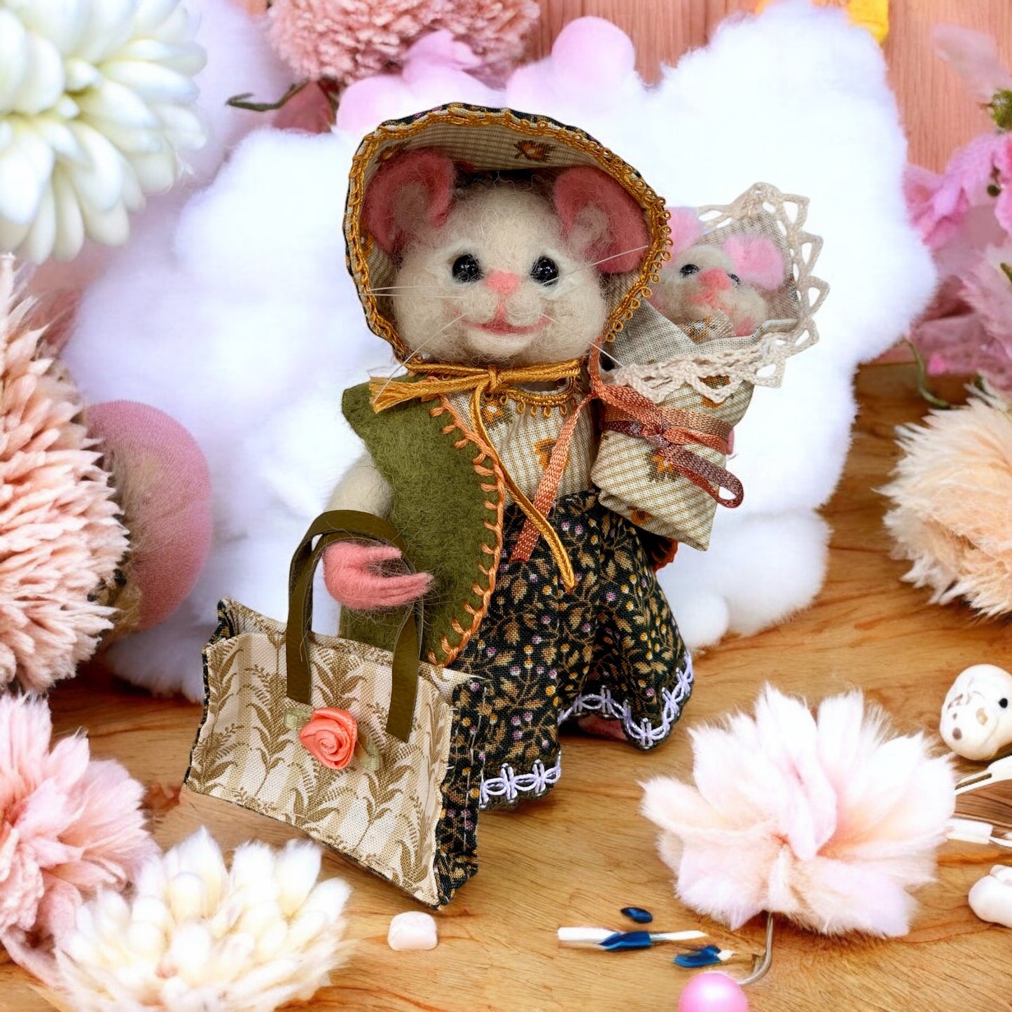 Victorian Lady Mouse with Baby – OOAK Needle Felted Collectible | Handmade Art Doll