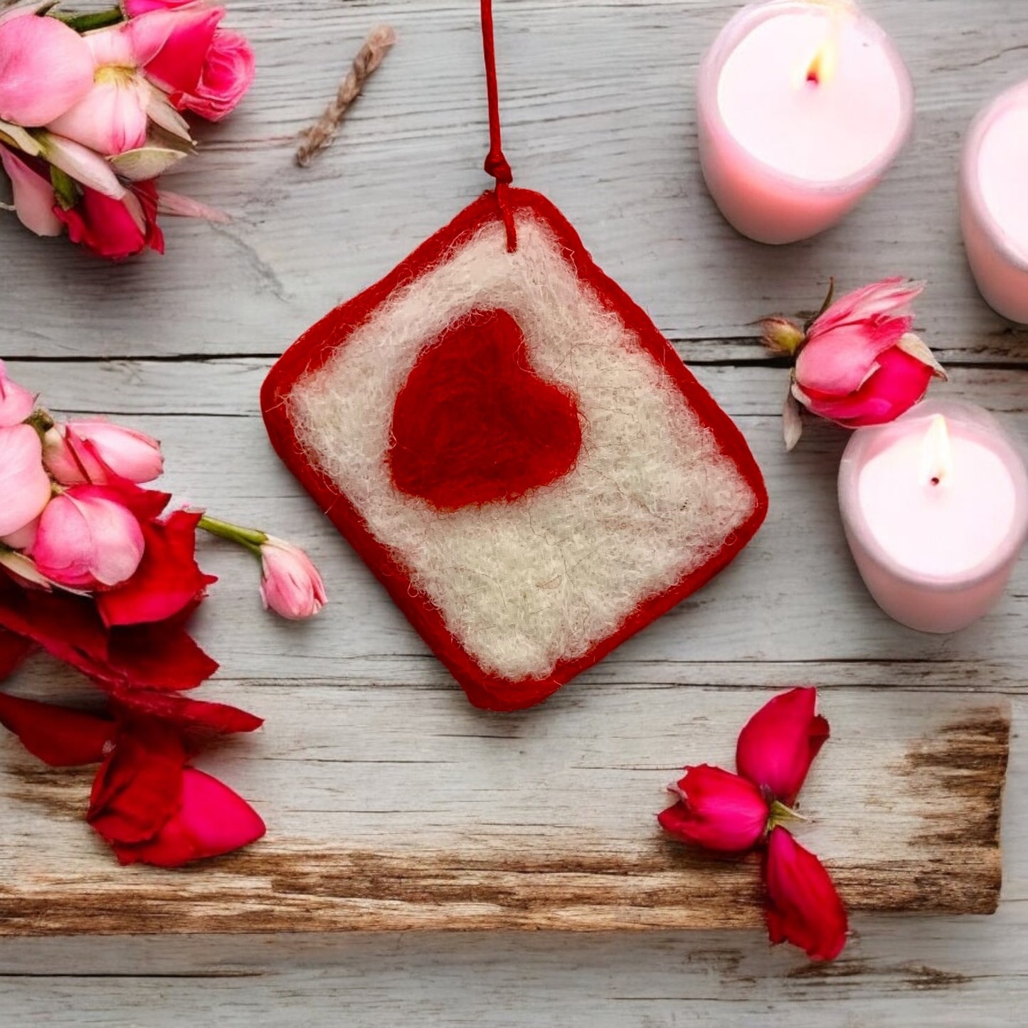 Needle Felted Valentine's Ornament, Wool Heart Envelope Charm