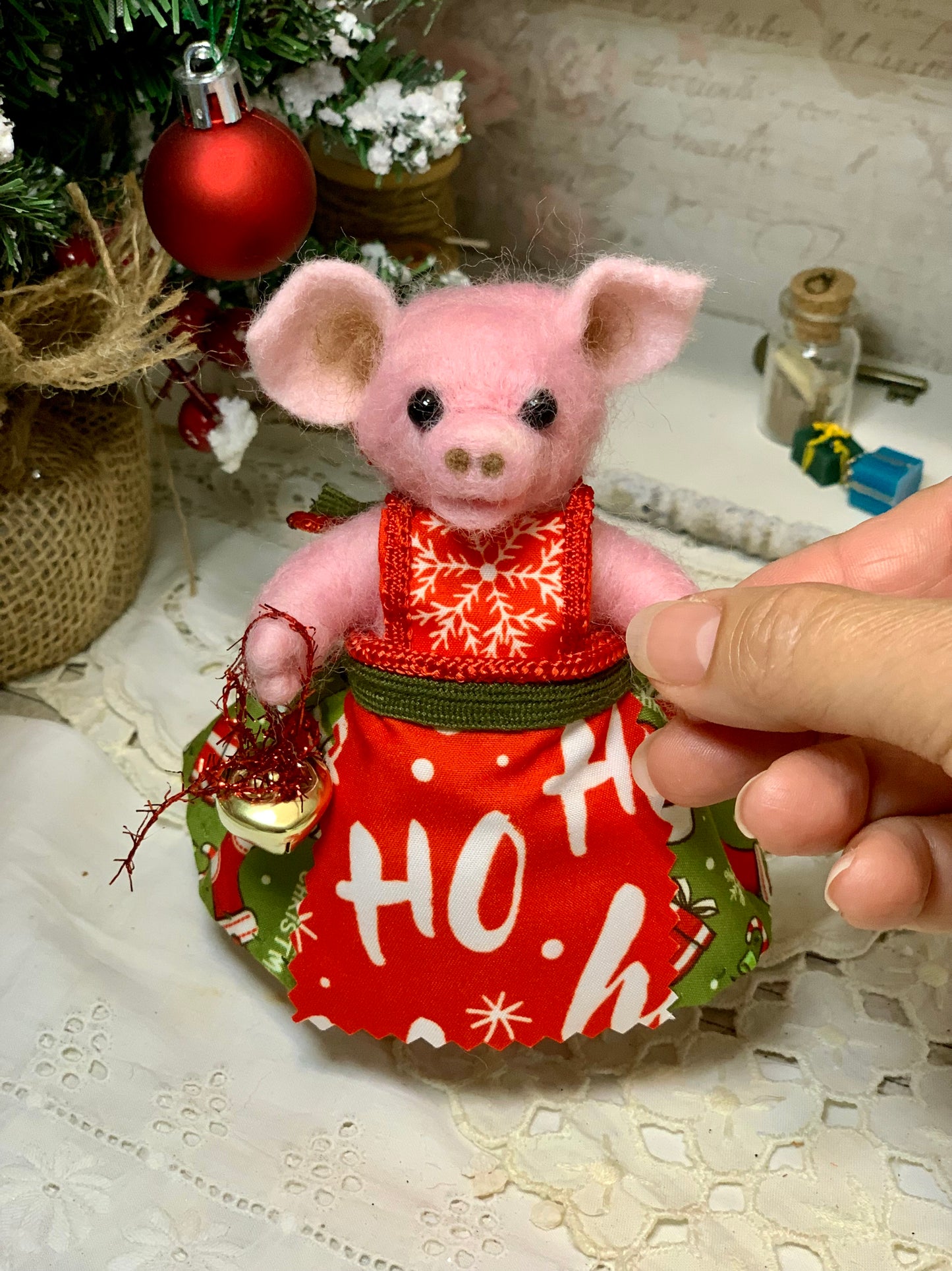 Needle Felted Christmas Pig Girl in Festive Outfit | Handmade Wool Toy | Cute Piggy Doll | Holiday Gift | Nursery Decor | OOAK Handmade Holiday Gift