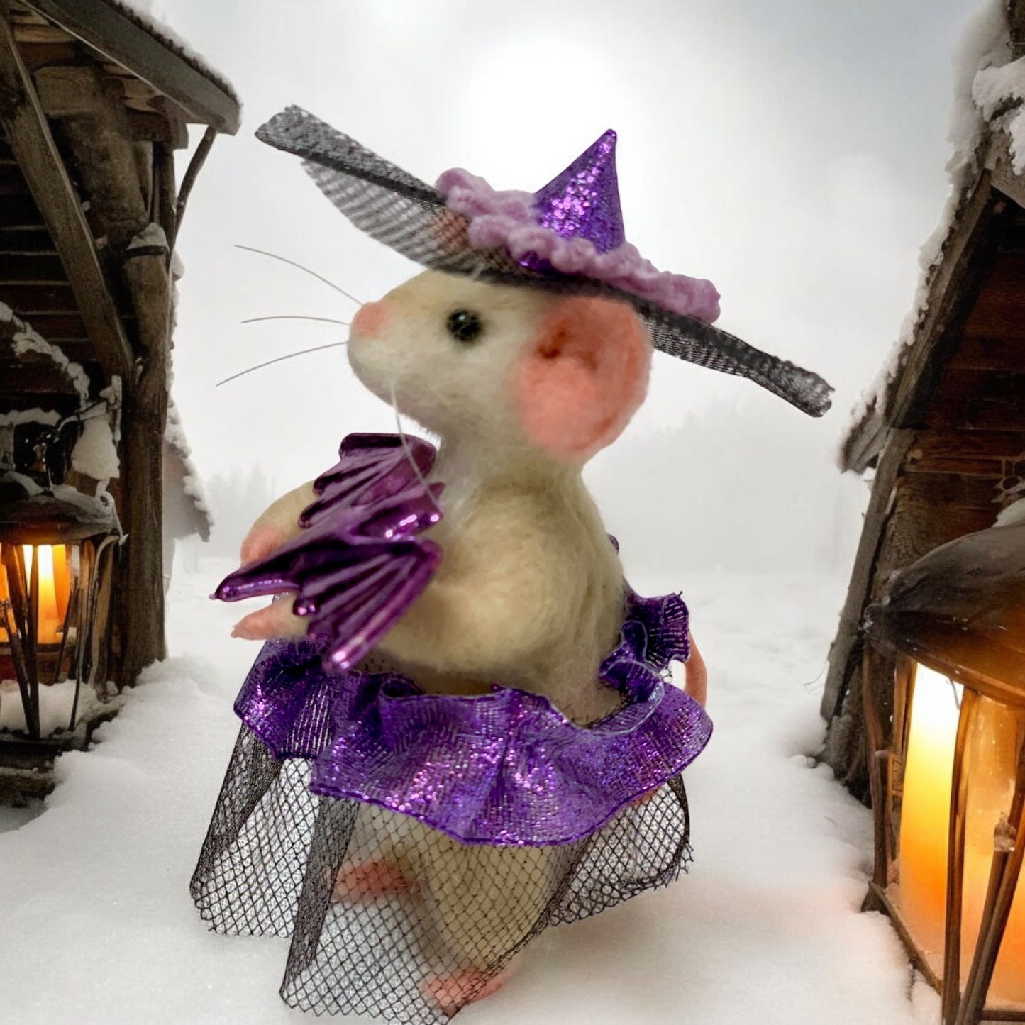 Needle-Felted Pippa the Witch Mouse – Handmade Natural Fiber Art Doll | Whimsical Woodland Decor Collectible Dressed Figurine