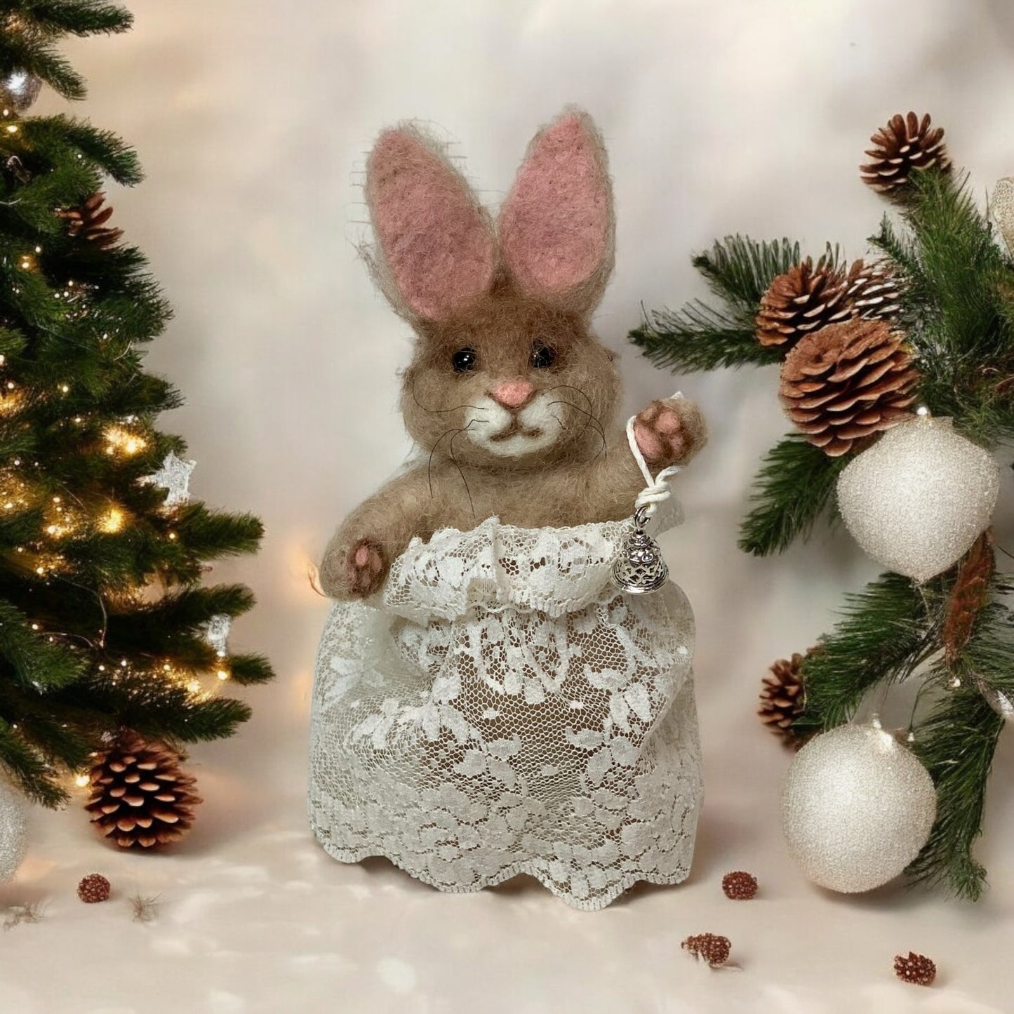 Needle-Felted Bunny the Christmas Rabbit– Handmade Natural Fiber Angel Doll | Holiday Art Collectible