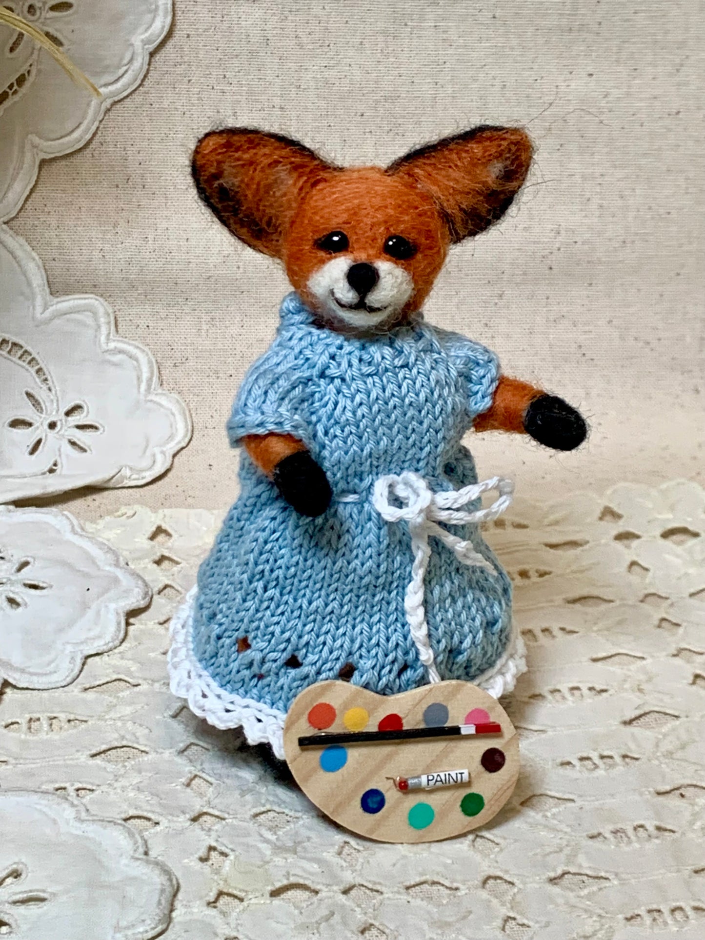 Needle Felted Fox Artist – Tessa in Blue Knit Dress | Handmade Wool Animal Figurine | Miniature Woodland Art Doll | Fox Gift