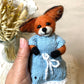 Needle Felted Fox Artist – Tessa in Blue Knit Dress | Handmade Wool Animal Figurine | Miniature Woodland Art Doll | Fox Gift
