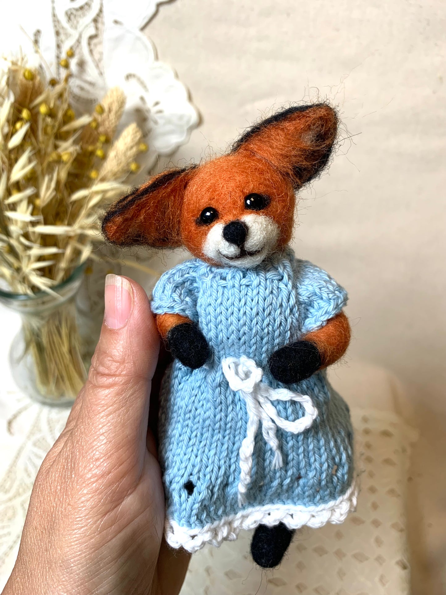 Needle Felted Fox Artist – Tessa in Blue Knit Dress | Handmade Wool Animal Figurine | Miniature Woodland Art Doll | Fox Gift