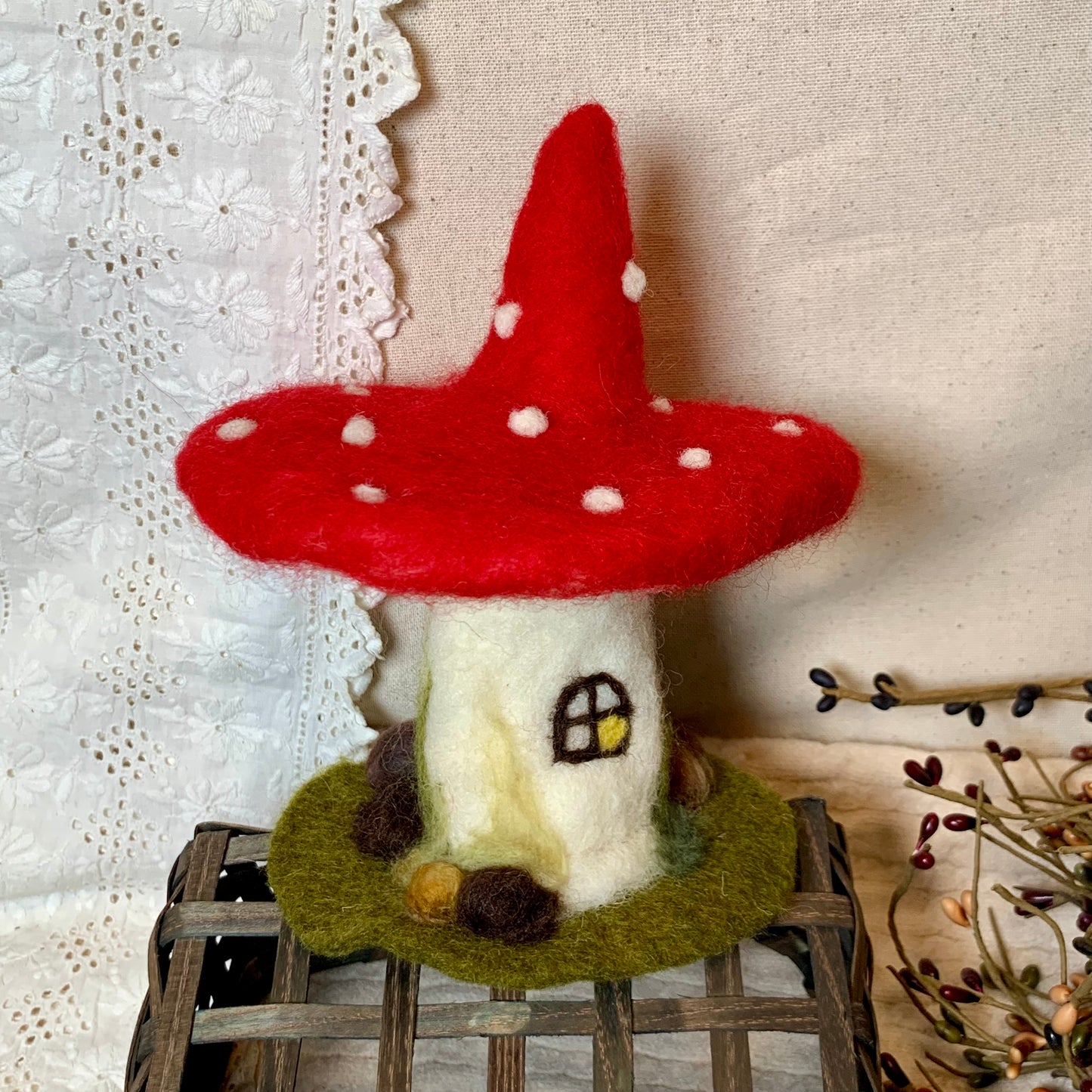 Needle Felt Mushroom House - Fall Toadstool Decoration – Autumn Forest Decor – Handmade Woodland Waldorf Inspired Soft Sculpture