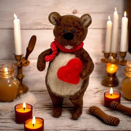 Needle Felted Bear: Handmade Wool Teddy with Heart Scarf