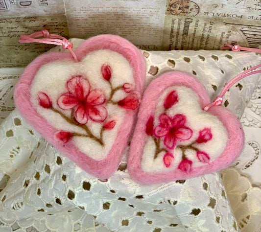 Needle-Felted Heart with Embroidered Cherry Blossom Flowers– Handmade Wool Valentine Decor