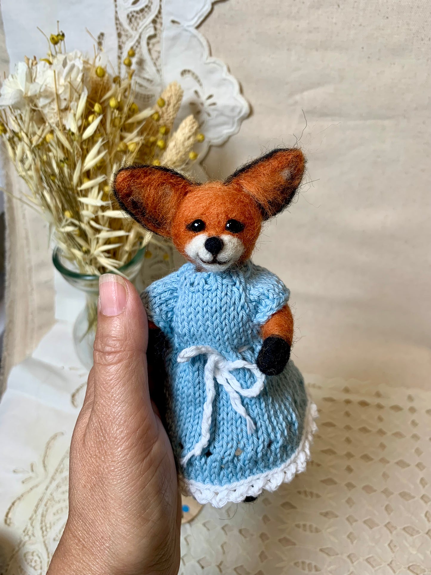 Needle Felted Fox Artist – Tessa in Blue Knit Dress | Handmade Wool Animal Figurine | Miniature Woodland Art Doll | Fox Gift