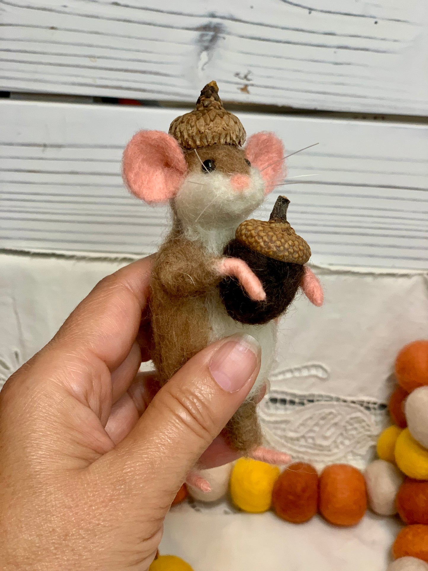 Needle-Felted Pip the Mouse with Acorn – Handmade Natural Fiber Art Doll | Whimsical Woodland Decor Collectible Dressed Figurine