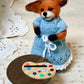 Needle Felted Fox Artist – Tessa in Blue Knit Dress | Handmade Wool Animal Figurine | Miniature Woodland Art Doll | Fox Gift