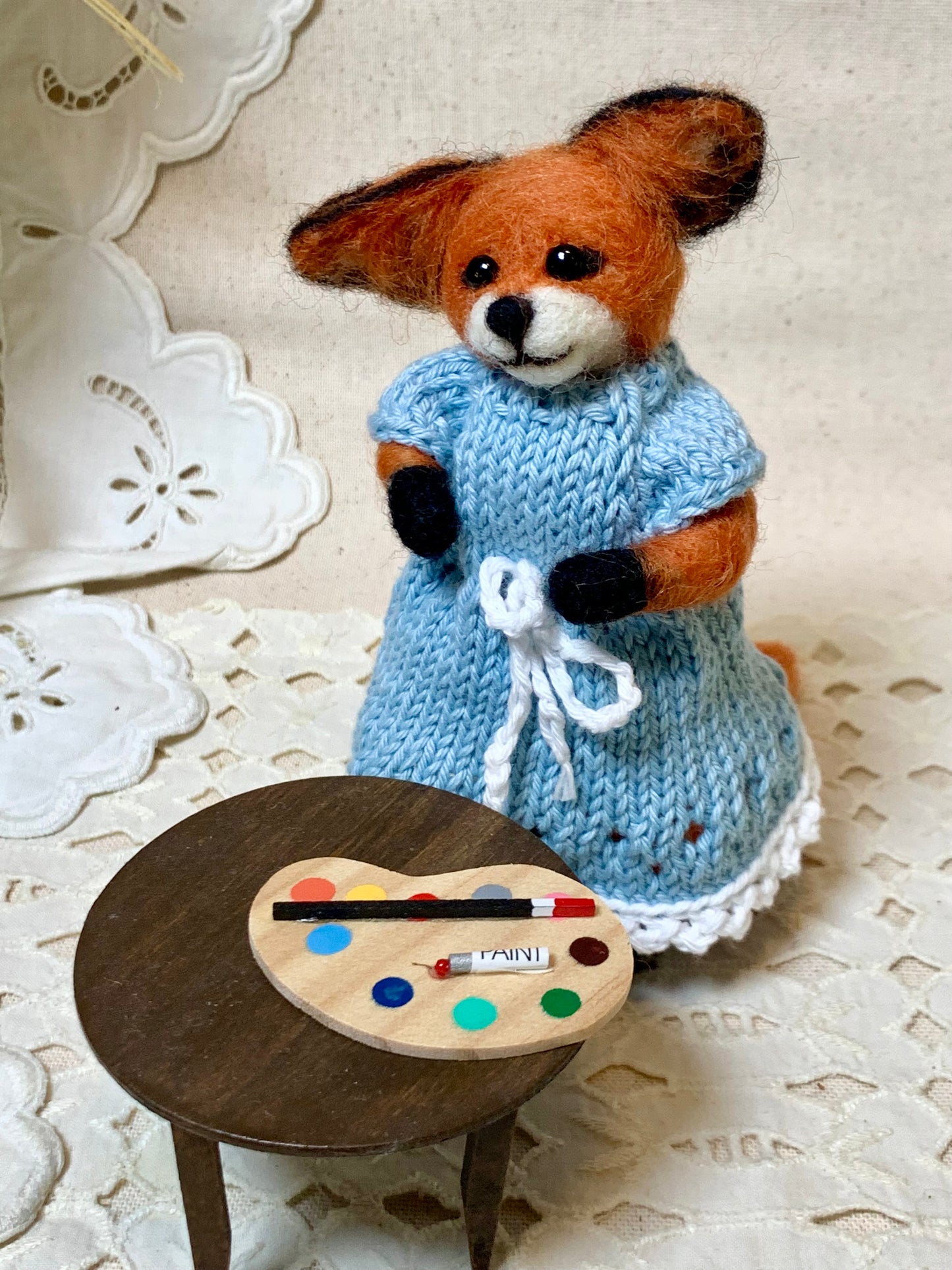 Needle Felted Fox Artist – Tessa in Blue Knit Dress | Handmade Wool Animal Figurine | Miniature Woodland Art Doll | Fox Gift