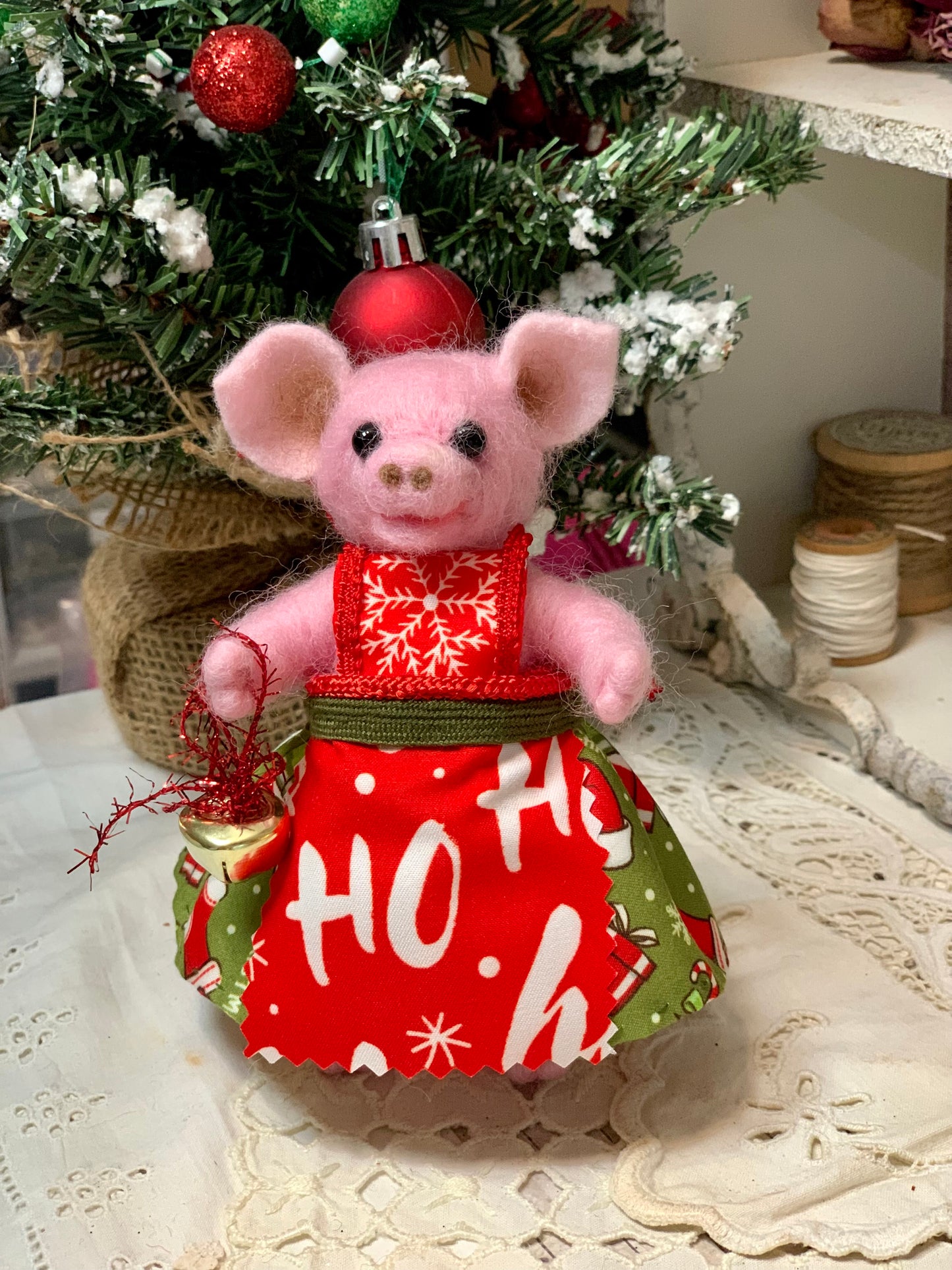 Needle Felted Christmas Pig Girl in Festive Outfit | Handmade Wool Toy | Cute Piggy Doll | Holiday Gift | Nursery Decor | OOAK Handmade Holiday Gift