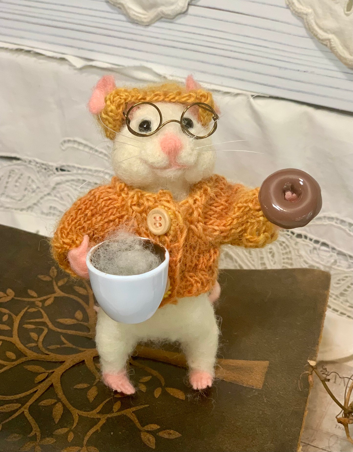 Maximilian Nibbleton the Coffee Mouse – OOAK Needle Felted White Mouse | Handmade Art Doll