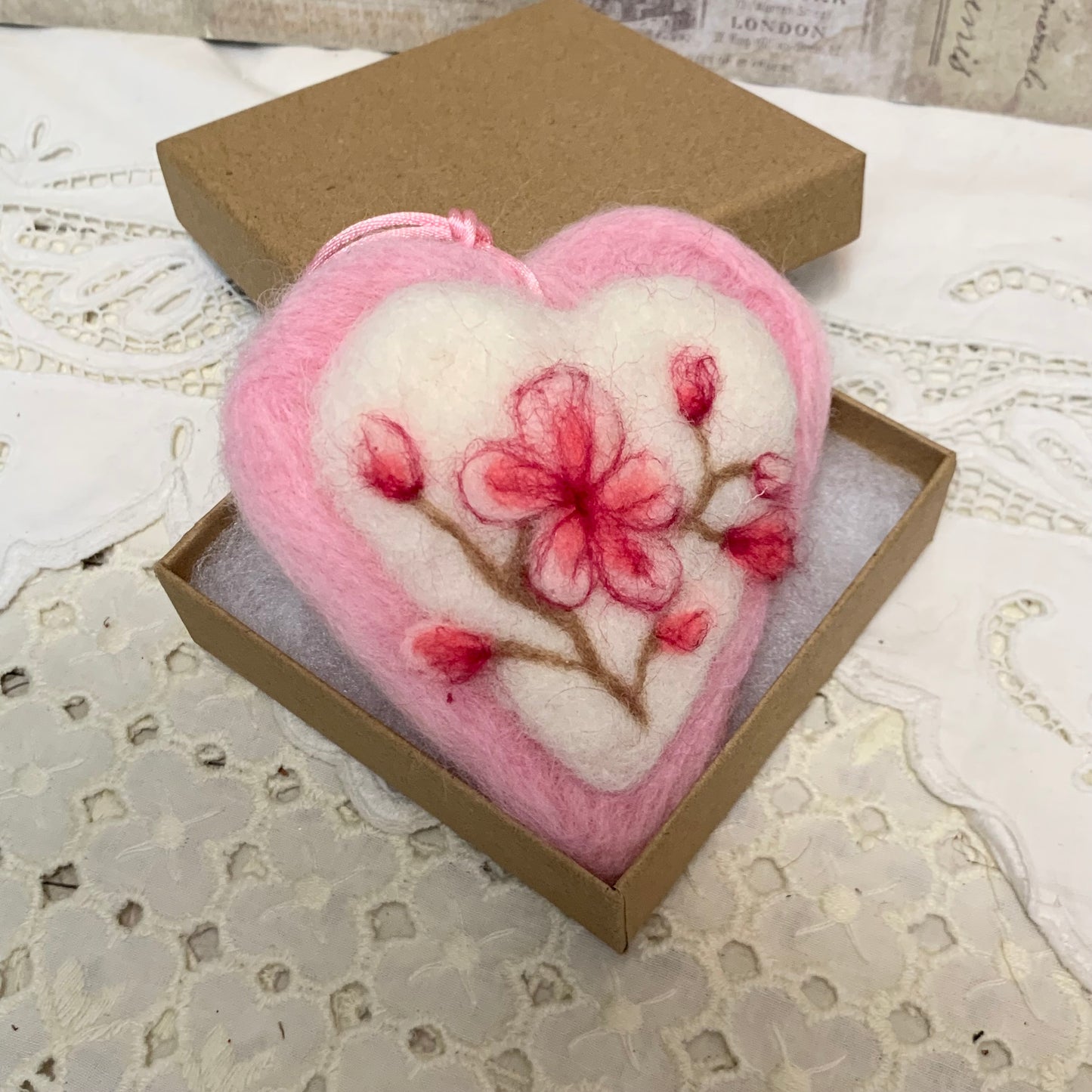 Needle-Felted Heart with Embroidered Cherry Blossom Flowers– Handmade Wool Valentine Decor