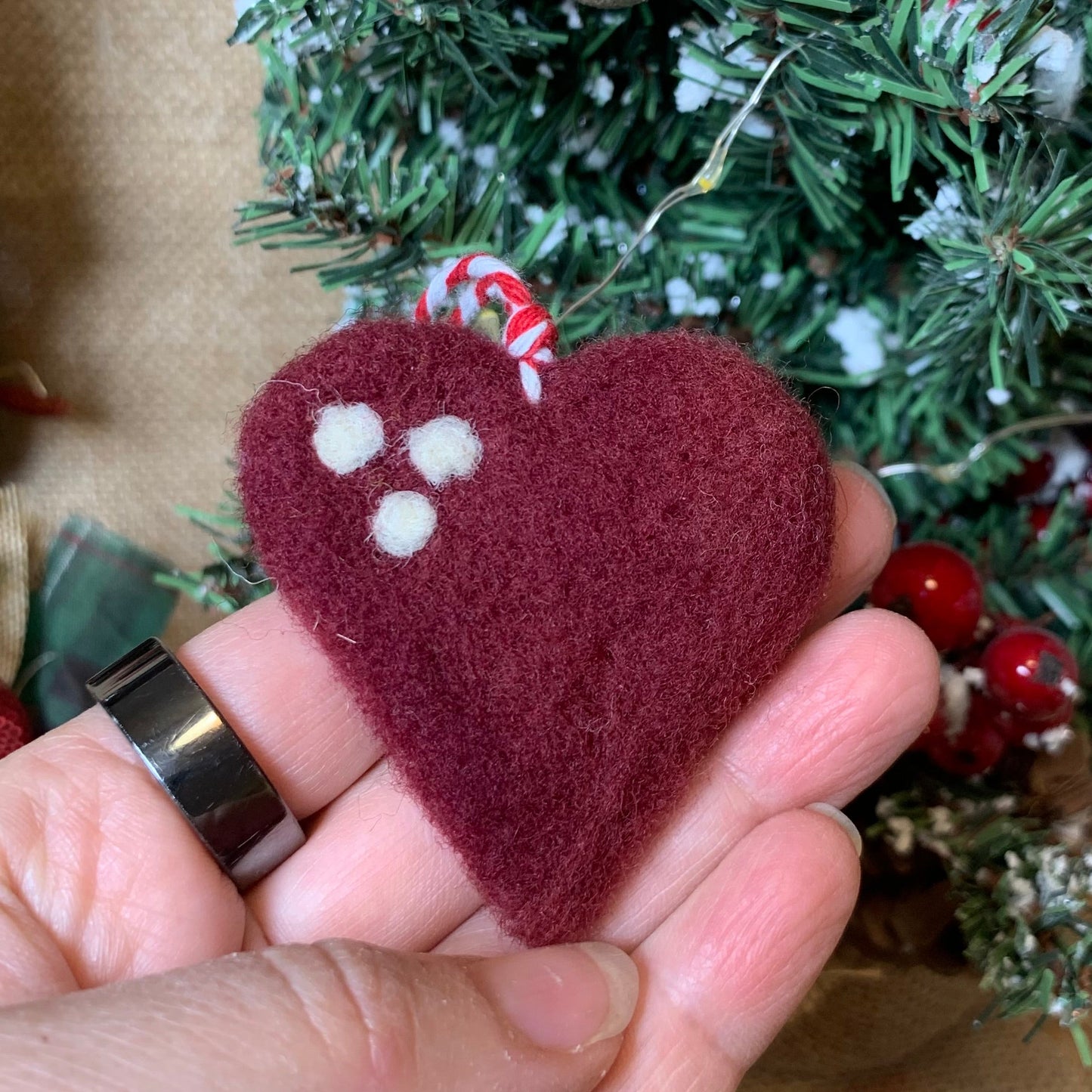 needle felted heart ornaments