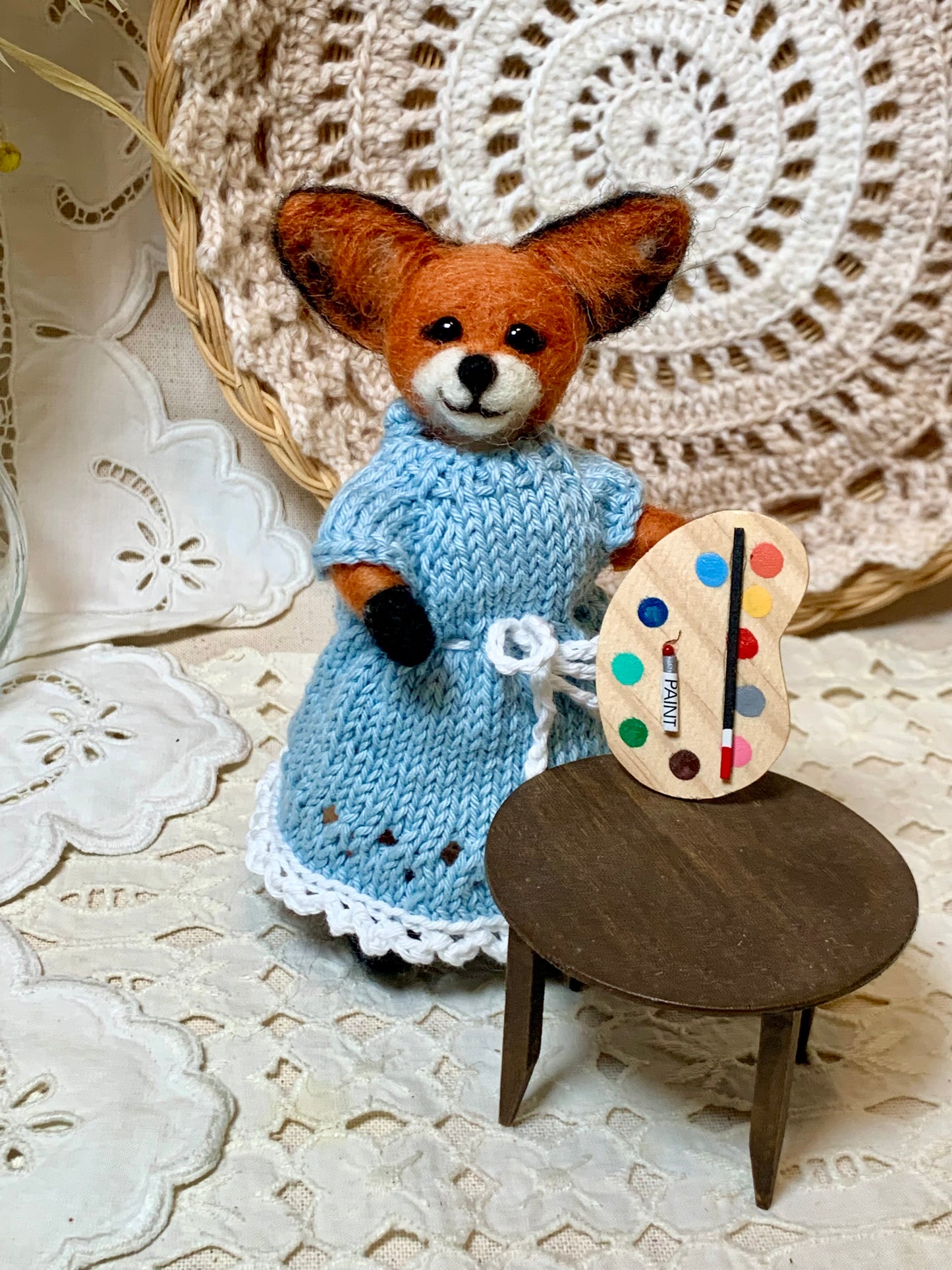 Needle Felted Fox Artist – Tessa in Blue Knit Dress | Handmade Wool Animal Figurine | Miniature Woodland Art Doll | Fox Gift