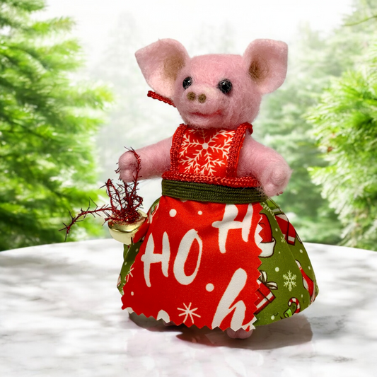 Needle Felted Christmas Pig Girl in Festive Outfit | Handmade Wool Toy | Cute Piggy Doll