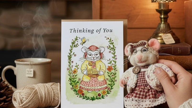 A greeting card reading 'Thinking of You' with a watercolor illustration of a mouse in a yellow dress surrounded by flowers, shown next to a small plush mouse held by a hand in a cozy, warm-toned room setting.