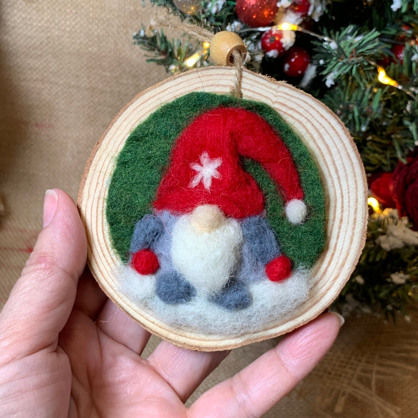 Handmade Christmas Gnome Wool Ornament, Felt Holiday Decor– Nordic Tomte – Rustic Wood Slice Holiday Gift