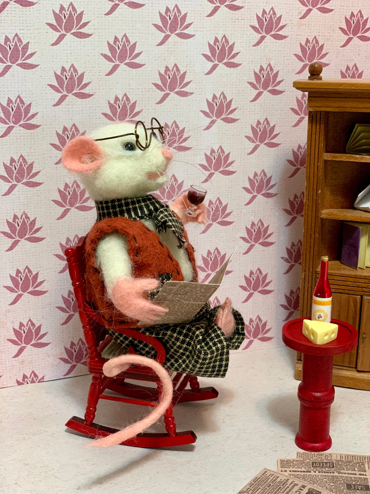 Needle Felted Mouse, Mr. Whiskers, with Glasses and Wine, Birthday present, Felt mouse, Eco Toy, OOAK Art Doll, made in USA, Grandpa Gift