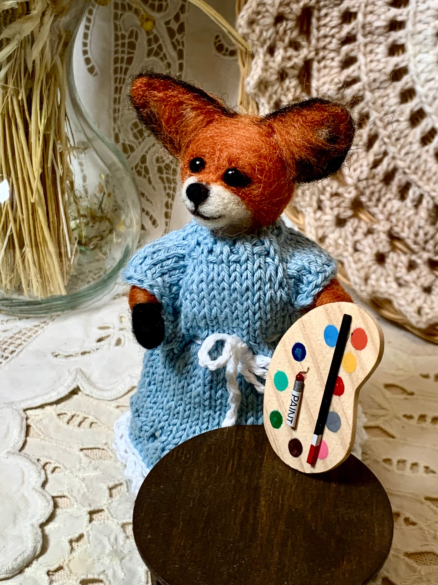 Needle Felted Fox Artist – Tessa in Blue Knit Dress | Handmade Wool Animal Figurine | Miniature Woodland Art Doll | Fox Gift