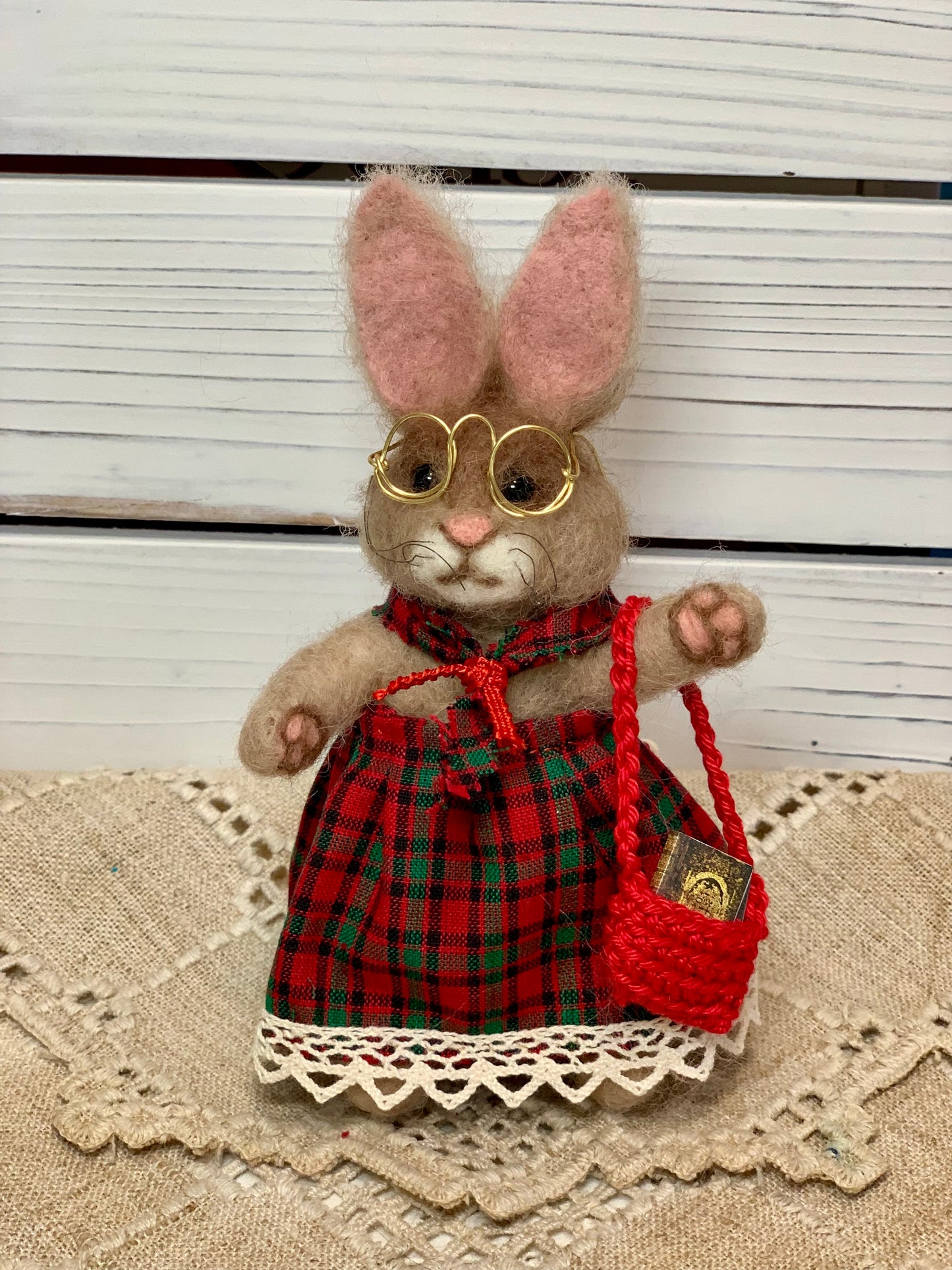 Needle-Felted Bunny the Christmas Rabbit– Handmade Natural Fiber Doll | Holiday Art Collectible