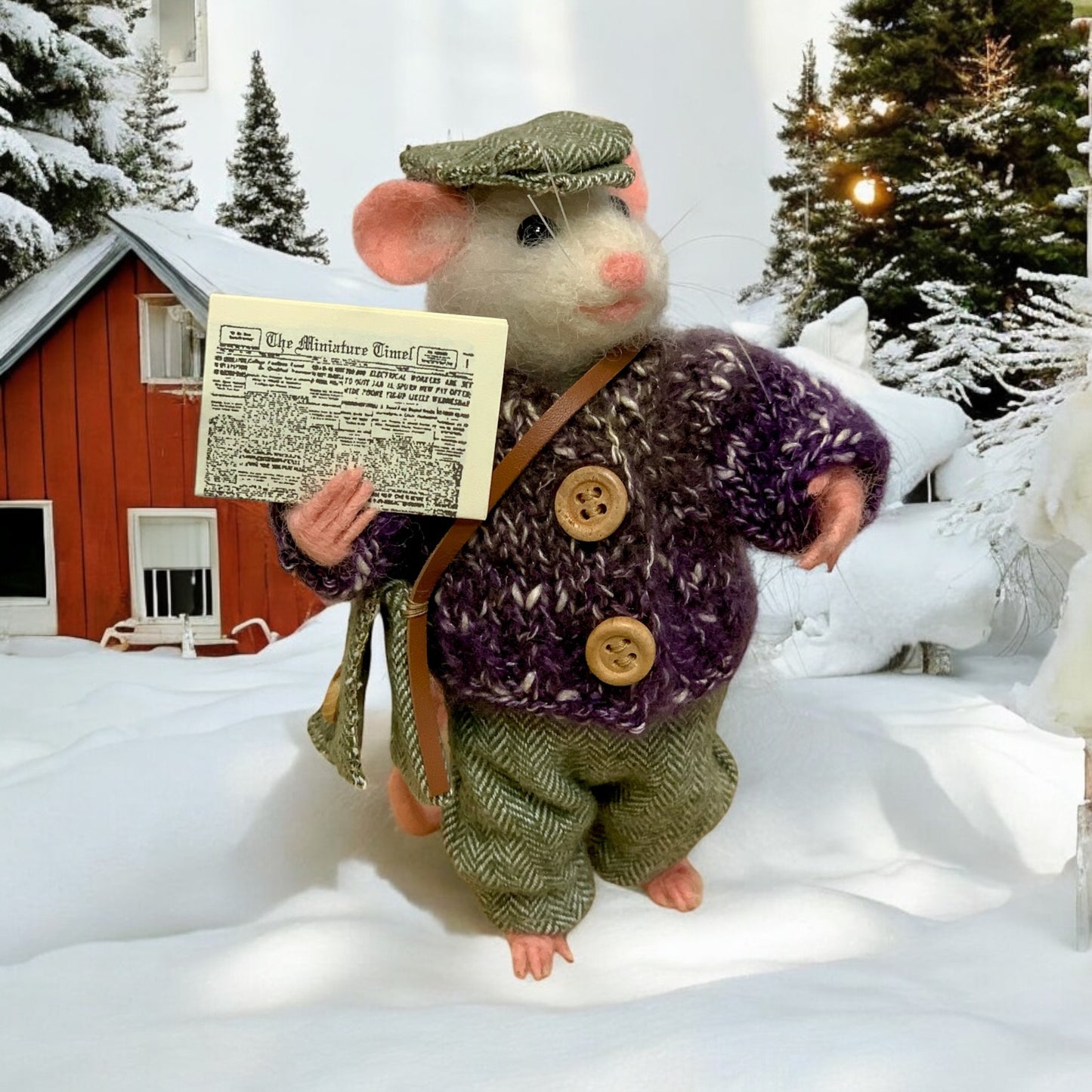 Needle-Felted Randy the Mouse – Handmade Natural Fiber Art Doll | Whimsical Collectible with Newspaper