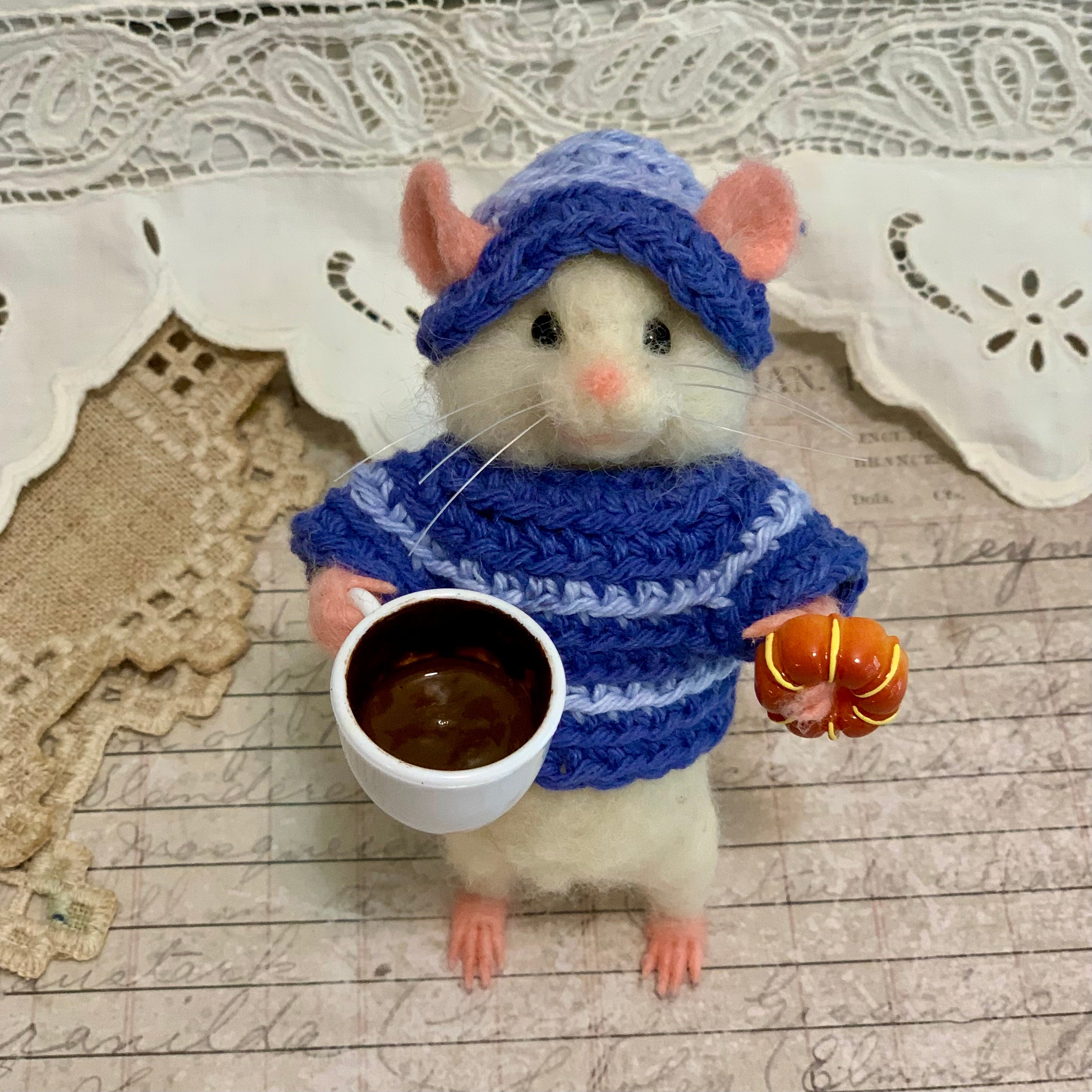 Needle-Felted Coffee Mouse – Handmade White Mouse Art Doll | Milo Nibbleton