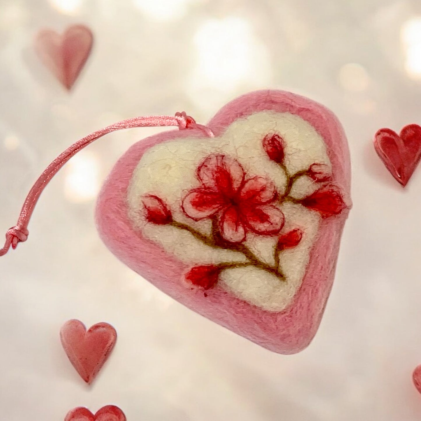 Needle-Felted Heart with Embroidered Cherry Blossom Flowers– Handmade Wool Valentine Decor
