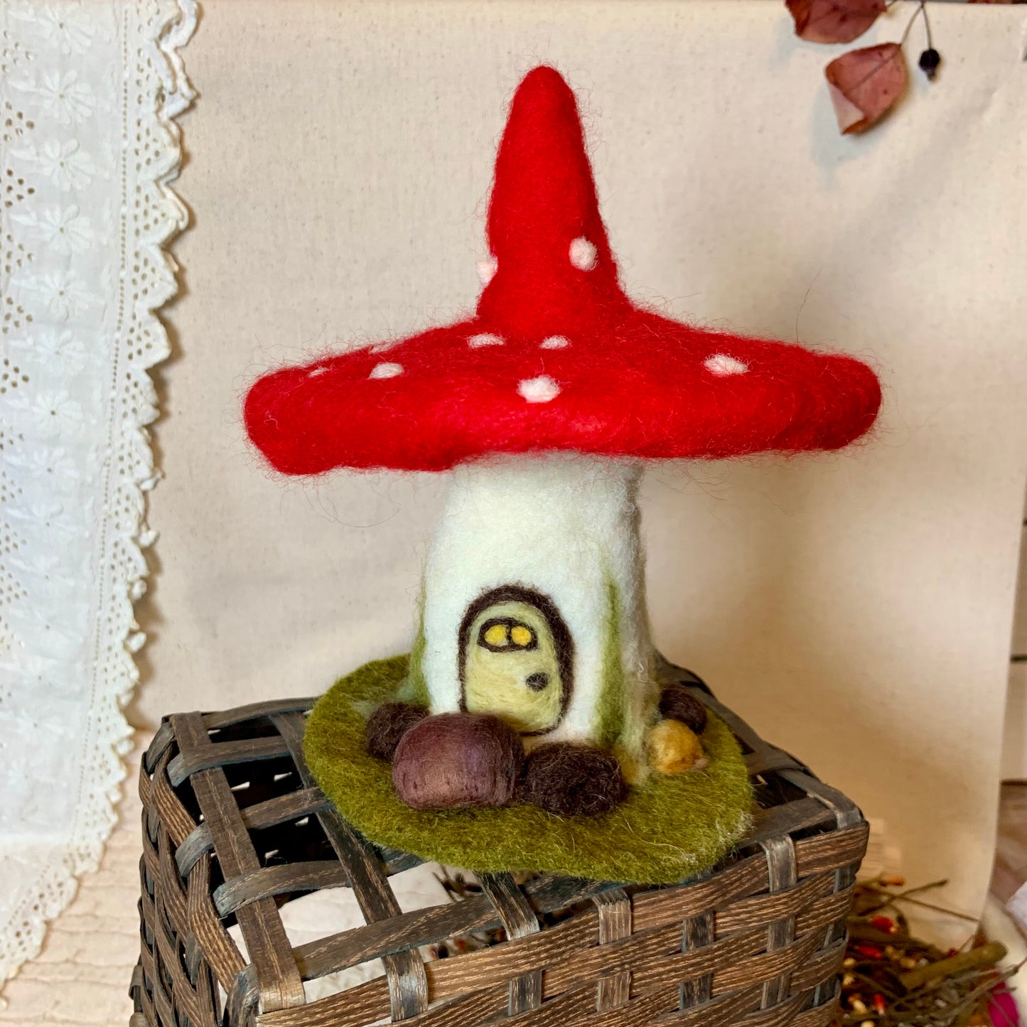 Needle Felt Mushroom House - Fall Toadstool Decoration – Autumn Forest Decor – Handmade Woodland Waldorf Inspired Soft Sculpture